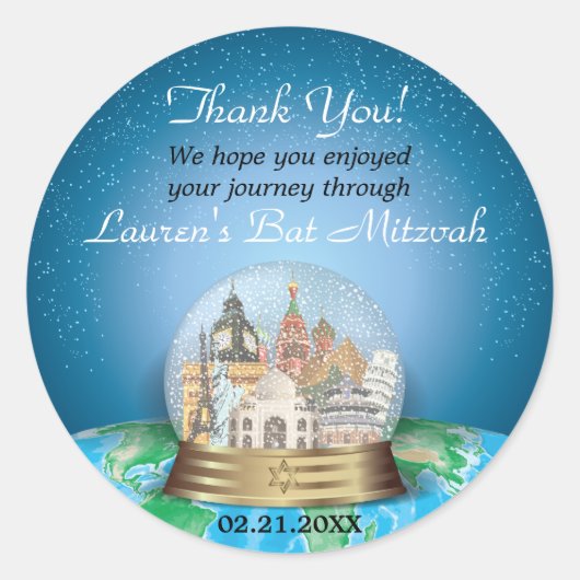 World Travel Snow Wereldbol Bar Bat Mitzvah Ronde Sticker (Voorkant)