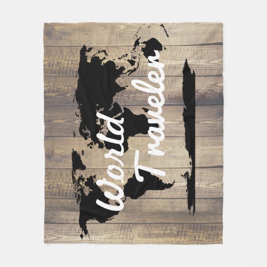 World Traveler Black Wereldkaart Light Wood Fleece Deken (Voorkant)