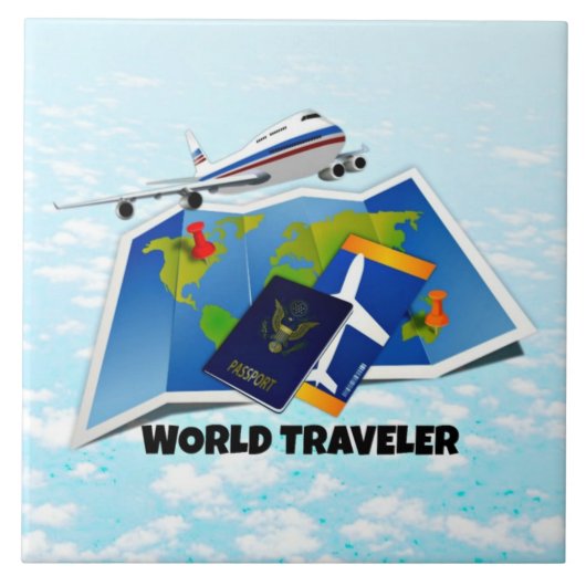 World Traveler - Map, Passport en Tickets, Tegeltje (Voorkant)