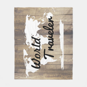 World Traveler White Wereldkaart Light Wood Fleece Deken