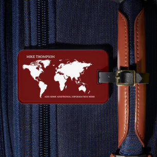 World Traveller Donkerrood Kaart Naam Bagagelabel