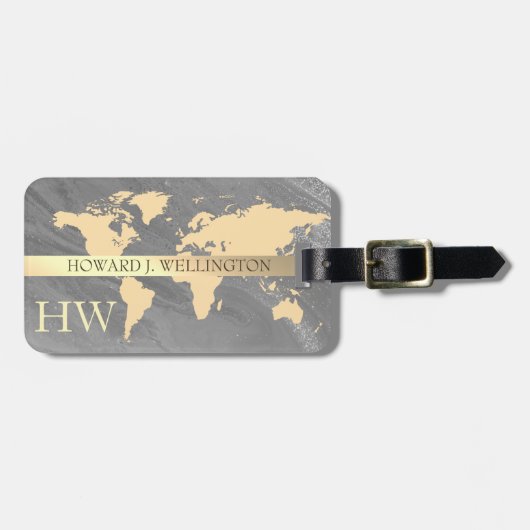 World Traveller Kaart Marble Glitter monogram Naam Bagagelabel (Voorkant horizontaal)