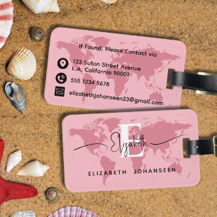 World Traveller Roze Kaart Modern Girly Monogram N Bagagelabel