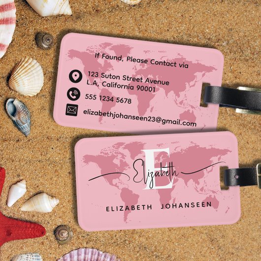 World Traveller Roze Kaart Modern Girly Monogram N Bagagelabel