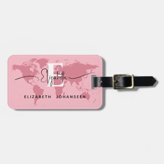 World Traveller Roze Kaart Modern Girly Monogram N Bagagelabel (Voorkant horizontaal)