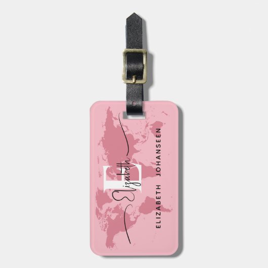 World Traveller Roze Kaart Modern Girly Monogram N Bagagelabel (Voorkant verticaal)