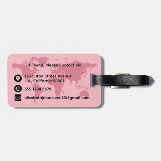 World Traveller Roze Kaart Modern Girly Monogram N Bagagelabel (Achterkant horizontaal)