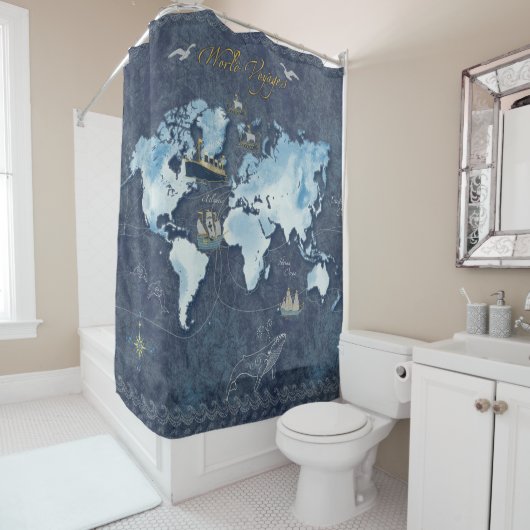 World Voyages Map Shower Curtain Douchegordijn (In situ)