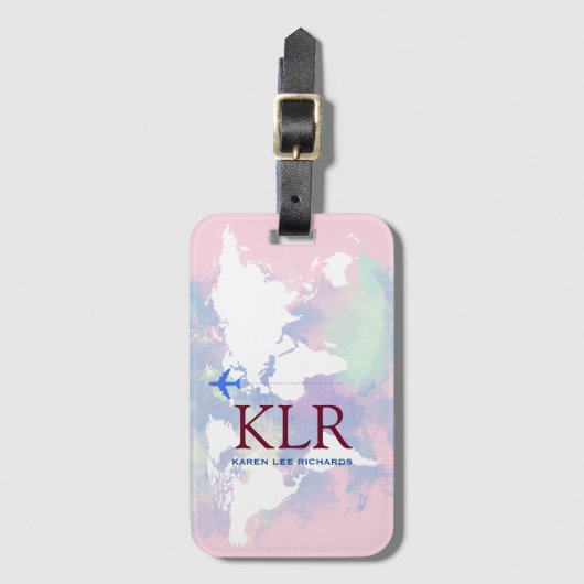 Worldmap met gepersonaliseerde initialen bagagelabel (Voorkant (verticaal))