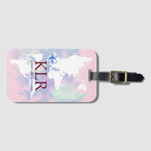 Worldmap met gepersonaliseerde initialen bagagelabel (Voorkant (horizontaal))
