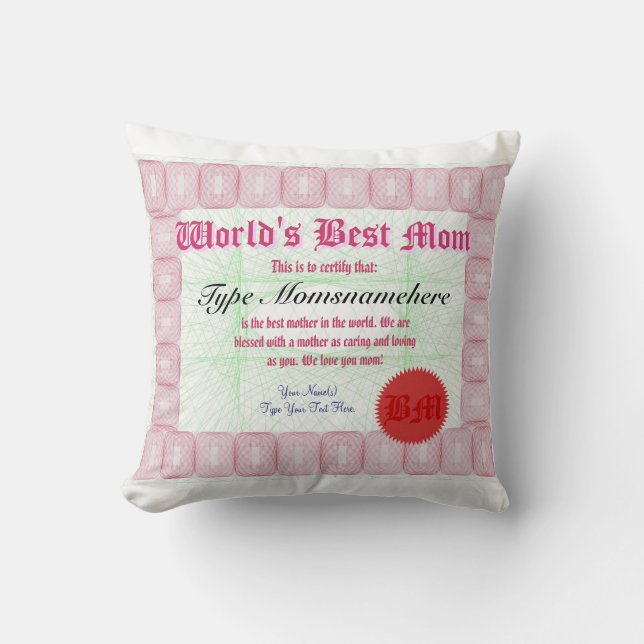 World's Best Mam Certificate Award Kussen (Voorkant)