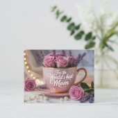 World's Best Mom: Pink Teacup Filled with Roses Briefkaart (Staand voorkant)