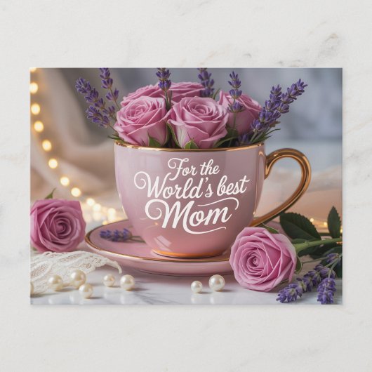 World's Best Mom: Pink Teacup Filled with Roses Briefkaart (Voorkant)