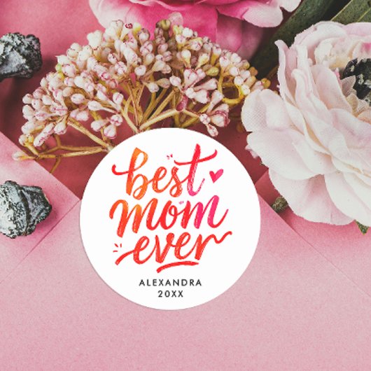 World's Best Mom Red And White Calligraphy Script Ronde Sticker