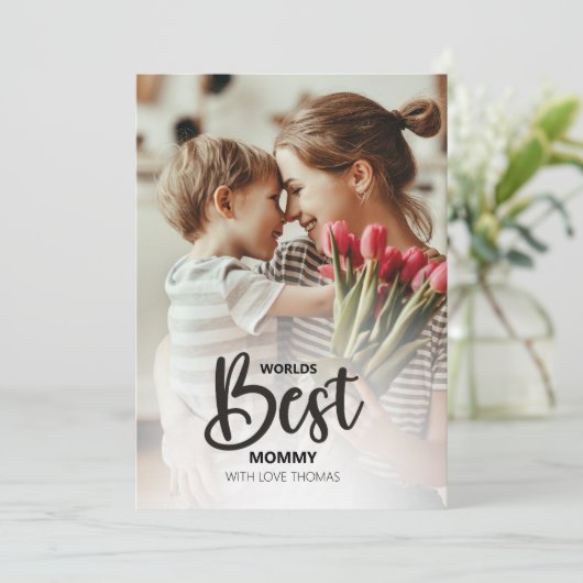 Worlds Best Mommy Photo with White Writing Feestdagenkaart (Staand voorkant)