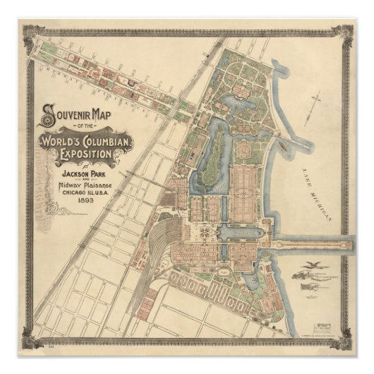  World's Fair Chicago Souvenir Map, 1893 Foto Afdruk (Voorkant)