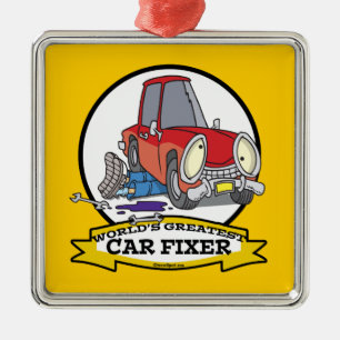 WORLDS GREATEST CAR FIXER CARTOON METALEN ORNAMENT