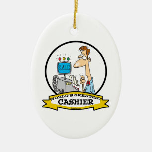 WORLDS GREATEST CASHIER MANNEN CARTOON KERAMISCH ORNAMENT