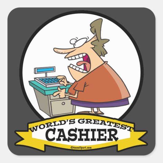 WORLDS GREATEST CASHIER VROUWEN CARTOON VIERKANTE STICKER (Voorkant)