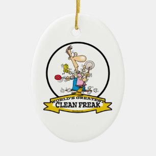 WORLDS GREATEST CLEAN FREAK MANNEN CARTOON KERAMISCH ORNAMENT