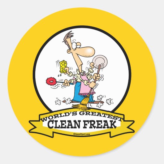WORLDS GREATEST CLEAN FREAK MANNEN CARTOON RONDE STICKER (Voorkant)