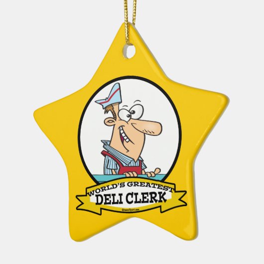 WORLDS GREATEST DELI CLERK MANNEN CARTOON KERAMISCH ORNAMENT (Links)
