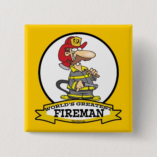 WORLDS GREATEST FIREMAN II MANNEN CARTOON VIERKANTE BUTTON 5,1 CM (Voorkant)