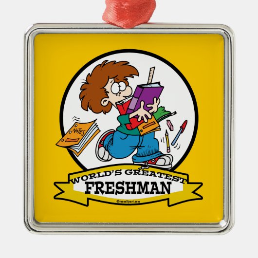 WORLDS GREATEST FRESHMAN BOY CARTOON METALEN ORNAMENT (Voorkant)