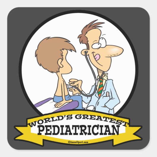 WORLDS GREATEST PEDIATRICIAN MAN CARTOON VIERKANTE STICKER (Voorkant)