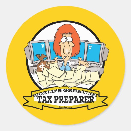 WORLDS GREATEST TAX PREPARER CARTOON RONDE STICKER (Voorkant)
