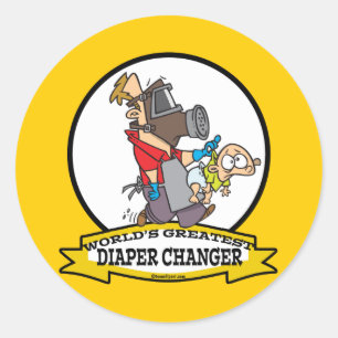 WORLDS GROATEST DIAPER CHANGER DAD CARTOON RONDE STICKER
