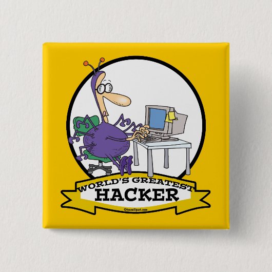 WORLDS GROATEST HACKER CARTOON VIERKANTE BUTTON 5,1 CM (Voorkant)