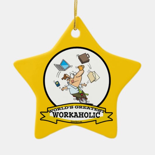 WORLDS GROATEST WORKAHOLIC MAN CARTOON KERAMISCH ORNAMENT (Voorkant)