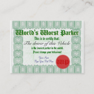 World's Worst Parker Bad Parking Award - Certifica Visitekaartje