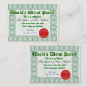 World's Worst Parker Bad Parking Award - Certifica Visitekaartje (Voorkant / Achterkant)