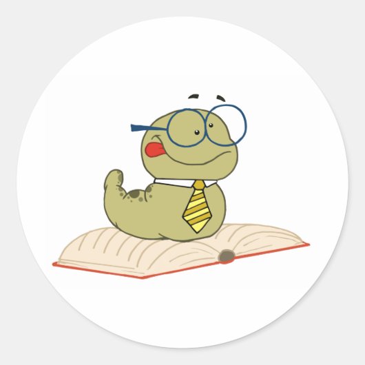 Worm op een boek met een bril ronde sticker (Voorkant)