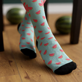 Worm watermeloen fruit schijven patroon turquoise  sokken