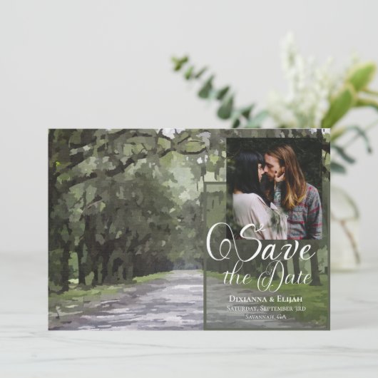 Wormsloe Road Green Live Oaks Save the Date Card Kaart (Staand voorkant)