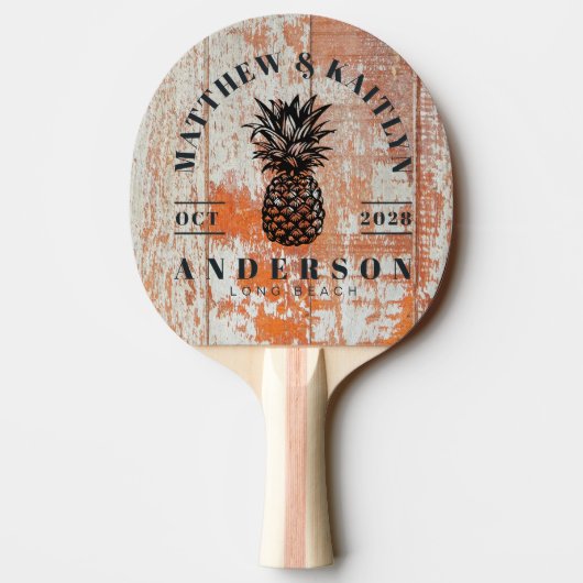 Worn Barn Wood Tropical Pineapple Wedding Crest Tafeltennisbatje (Achterkant)