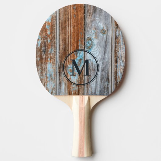 Worn Blue Wash Wood Monogram Tafeltennisbatje (Voorkant)