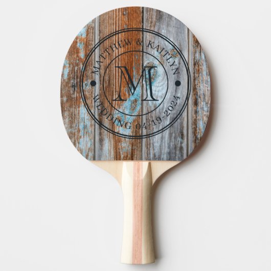 Worn Blue Wash Wood Wedding Monogram Tafeltennisbatje (Voorkant)