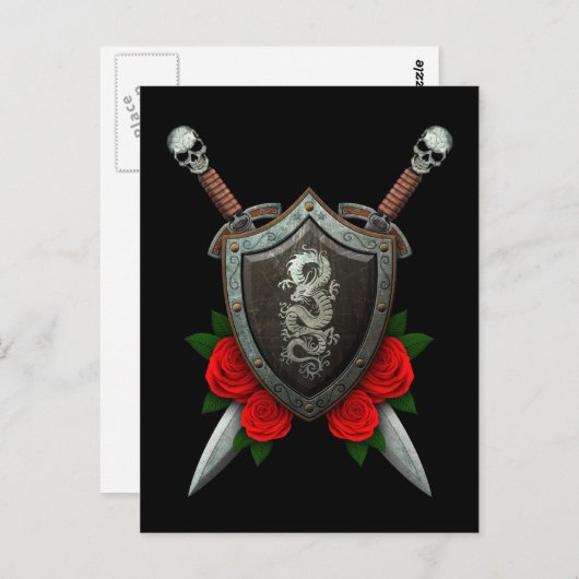 Worn Chinese Dragon Shield and Swords with Rozen Briefkaart (Voorkant / Achterkant)
