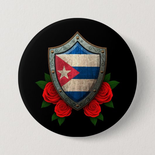 Worn Cuban Flag Shield met Red Roses Ronde Button 7,6 Cm (Voorkant)