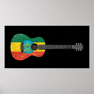 Worn Ethiopian Flag Acoustic Guitar, zwart Poster