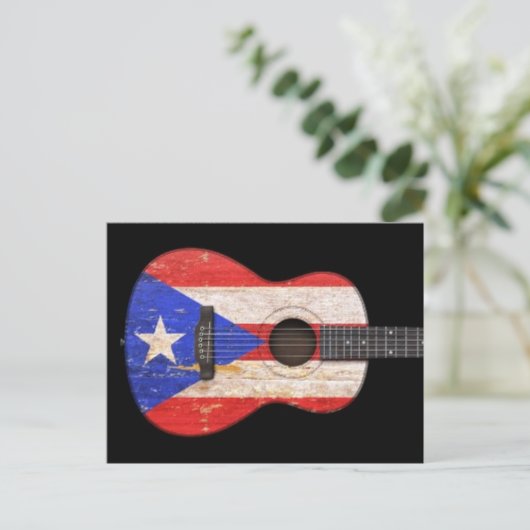 Worn Puerto Rico Flag Acoustic Guitar, zwart Briefkaart (Staand voorkant)