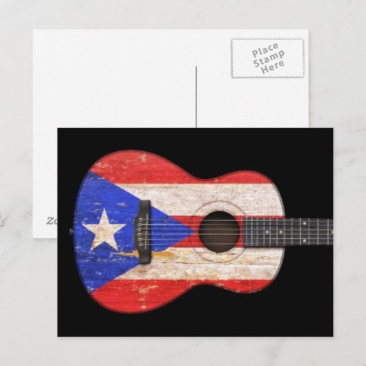 Worn Puerto Rico Flag Acoustic Guitar, zwart Briefkaart (Voorkant / Achterkant)