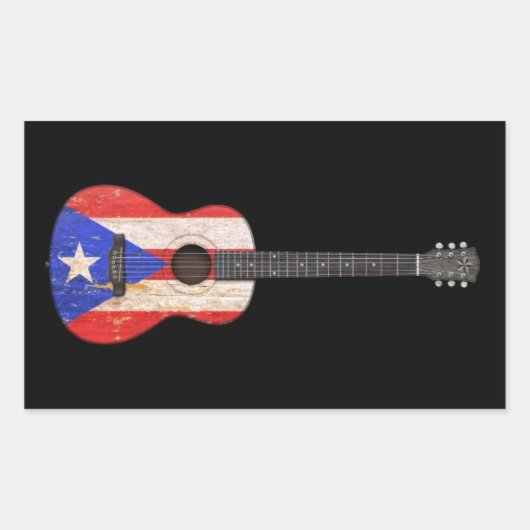 Worn Puerto Rico Flag Acoustic Guitar, zwart Rechthoekige Sticker (Voorkant)