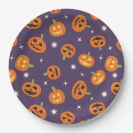 Worpen Halloween Pompoenen Patroon op donkerpaars Papieren Bordje