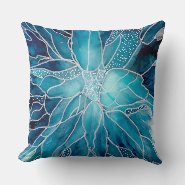 Worpkussen - Alcohol Ink Kunst Blauw Witte Bloem Kussen (Voorkant)