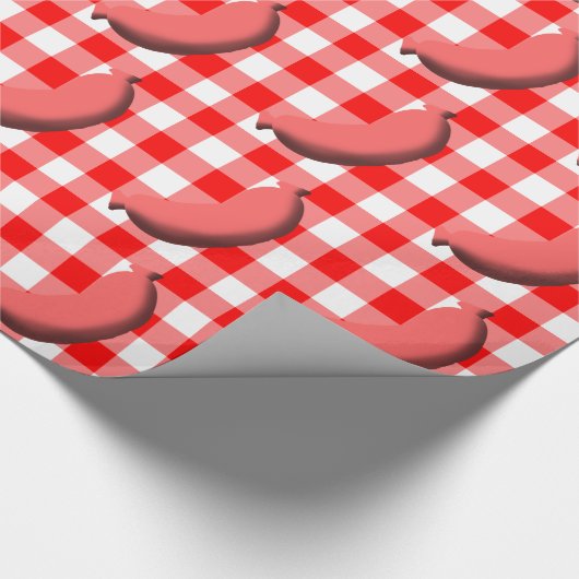 Worst met rode/witte gingham/speldenachtergrond cadeaupapier (Hoek)